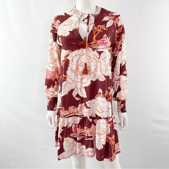 Maaji Maroon WONDERLAND DREAMS Long Sleeve Asian Motif Floral Tunic Dress Size M - Picture 2 of 12